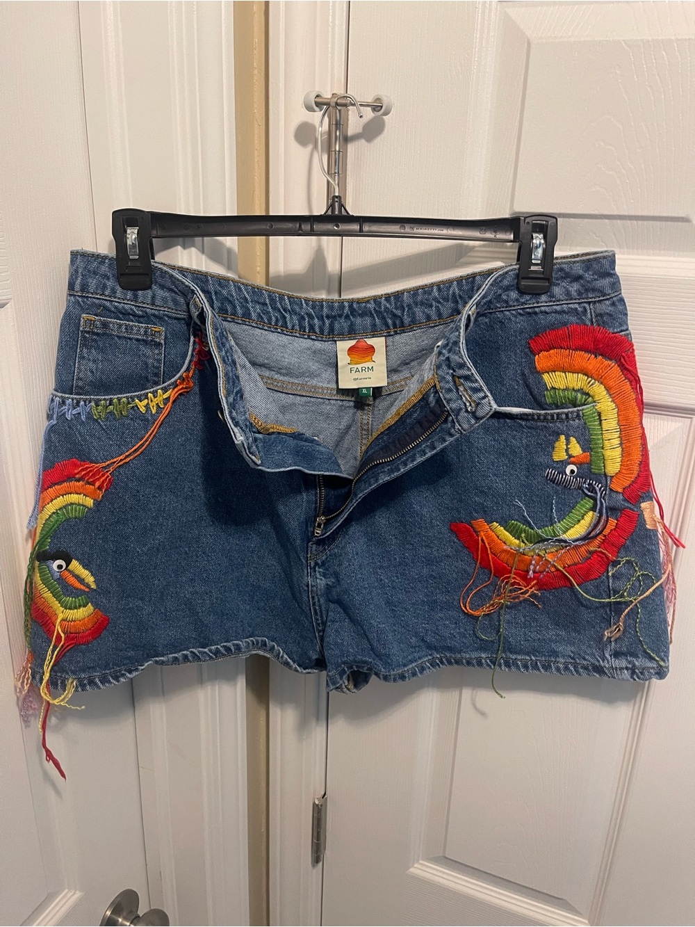 FARM Rio Blue Denim Shorts with Rainbow Embroidery